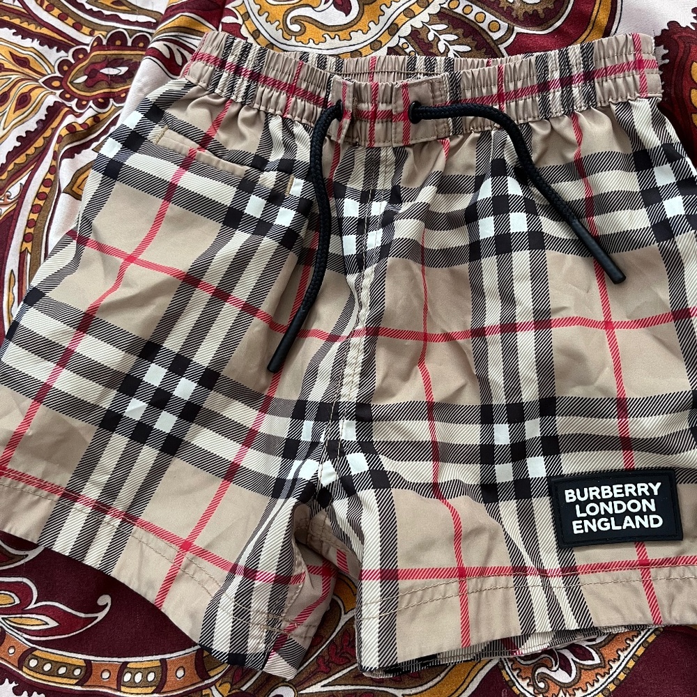 Burberry Kids Beige Black Red Plaid Swim Trunks